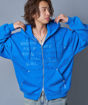 SQNZ ZIP P/K / ジップパーカー 裏起毛 フーディ スタッズ 加工 ワッペン プリント ブルー