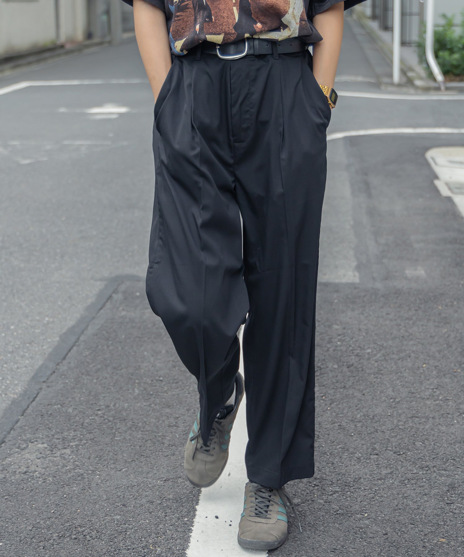 TR SIDE GATHER ANKLE PANTS / TR サイドギャザー アンクルスラックス チャコール