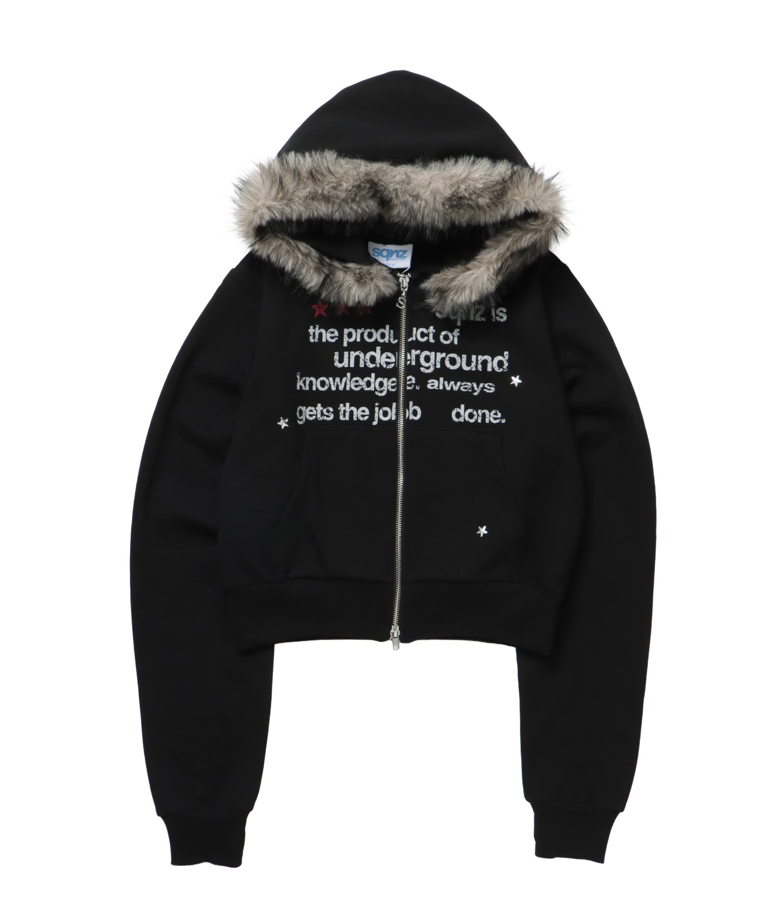 sqnz fur zip pk / レディース ファー ジップパーカー 加工 裏起毛 短丈 ダブルジップ ブラック