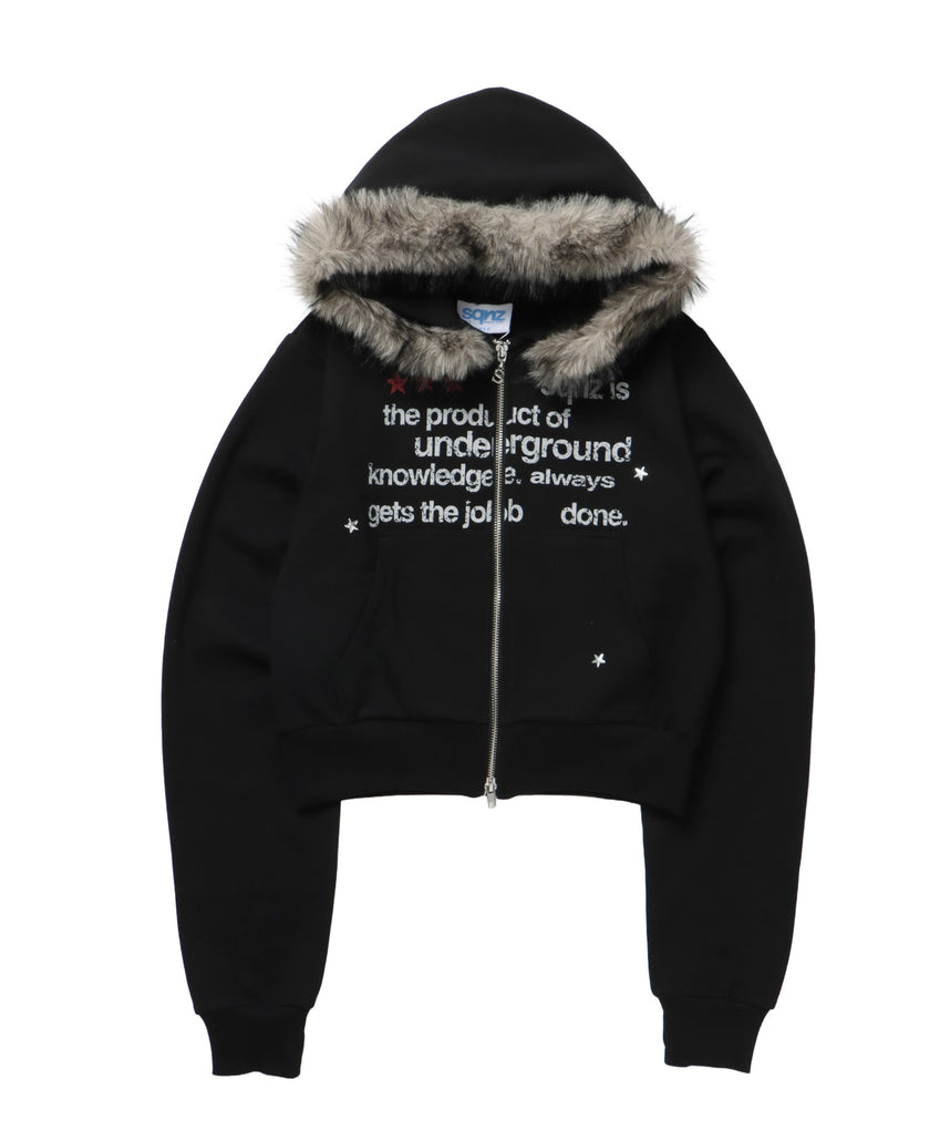 sqnz fur zip pk / レディース ファー ジップパーカー 加工 裏起毛 短丈 ダブルジップ ブラック