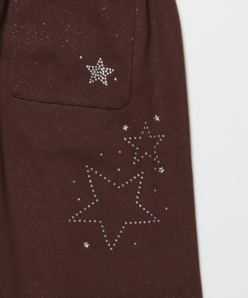 sqnz glitter sweat pants / グリッター スウェットパンツ ラインストーン ドローストリング ポケット 裏起毛 【セットアップ着用可能】 モカ