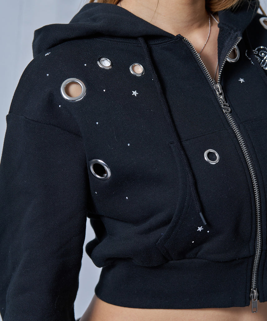 ※WEB限定 / 短丈ラインストーンジップパーカー / sqnz rhinestone & eyelet zip p/k ブラック