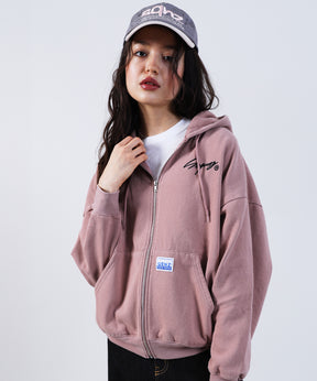 WORK AGING ZIP P/K / 古着風 シンプル ロゴ ワンポイント フルジップ パーカー ピンク