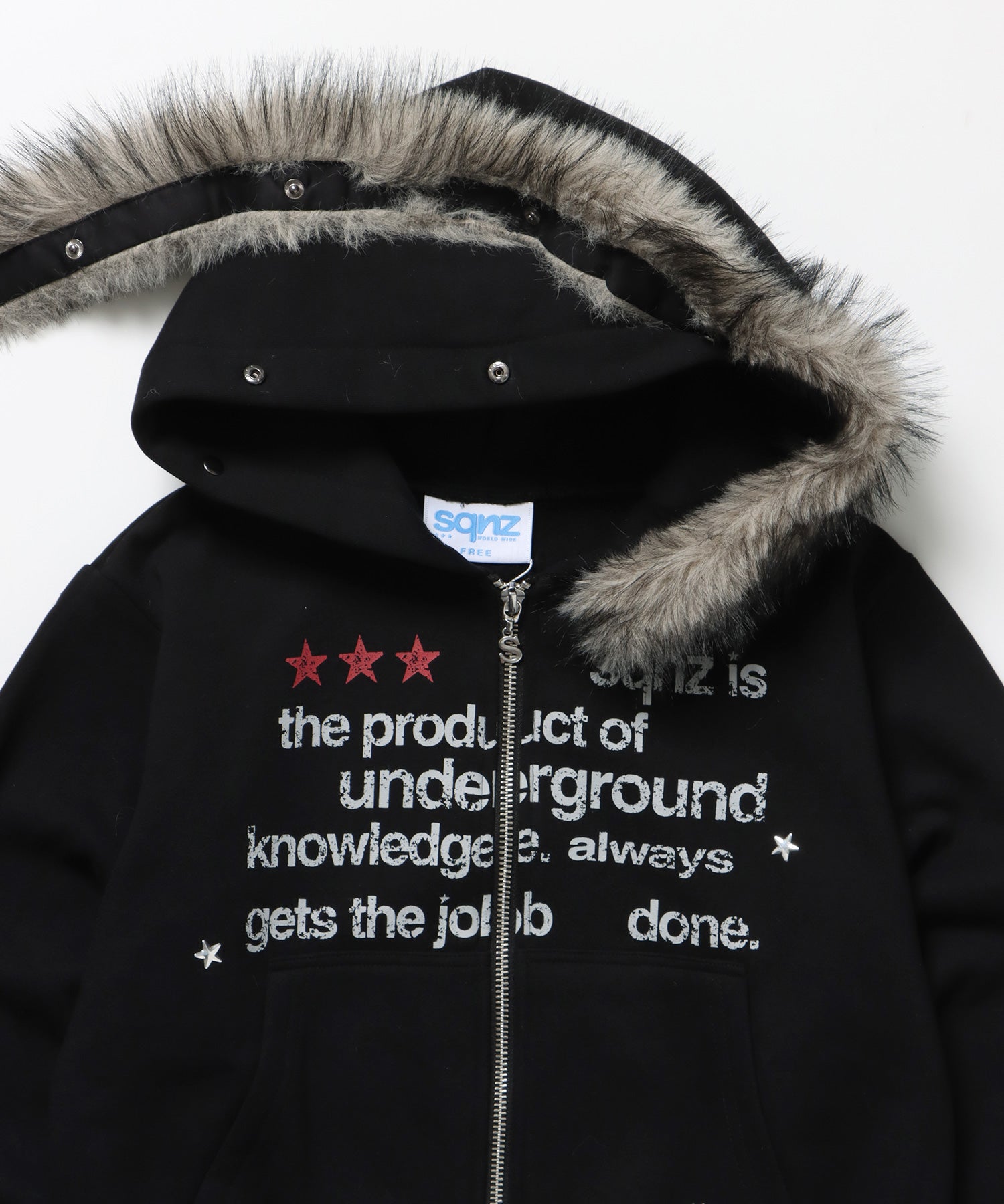 sqnz fur zip pk / レディース ファー ジップパーカー 加工 裏起毛 短丈 ダブルジップ ブラック