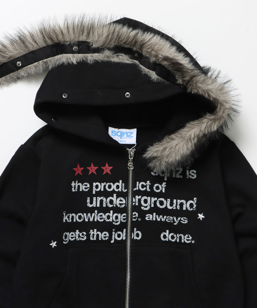 sqnz fur zip pk / レディース ファー ジップパーカー 加工 裏起毛 短丈 ダブルジップ ブラック