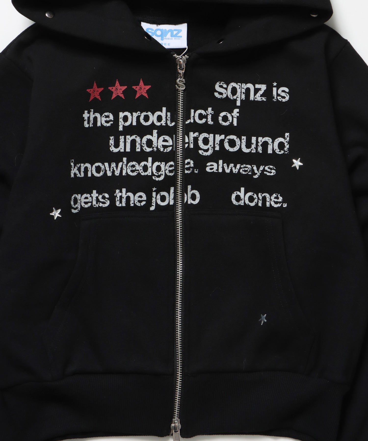 sqnz fur zip pk / レディース ファー ジップパーカー 加工 裏起毛 短丈 ダブルジップ ブラック