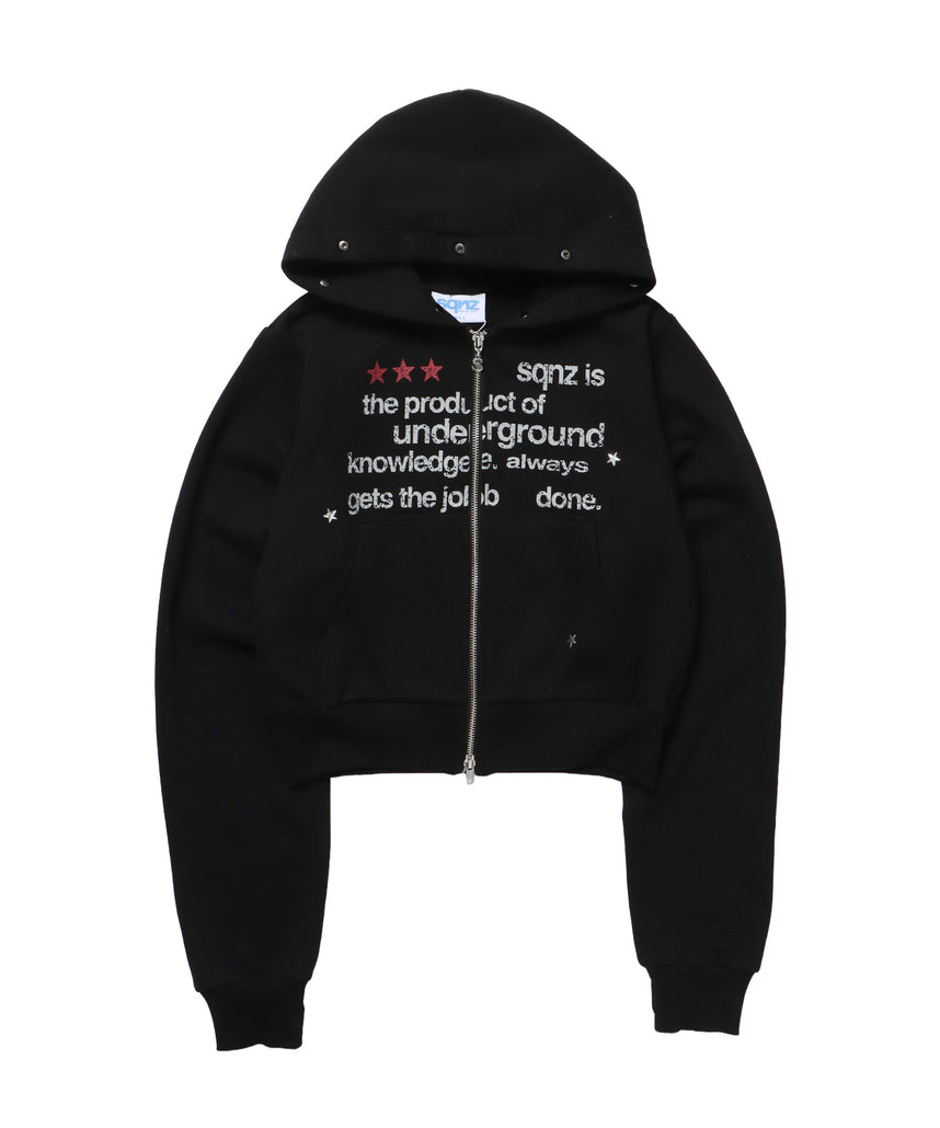 sqnz fur zip pk / レディース ファー ジップパーカー 加工 裏起毛 短丈 ダブルジップ ブラック