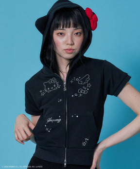 HK SHINING KITTY ZIPPK / 半袖 ジップパーカー フーディ ダブルジップ ラインストーン スウェット ブラック