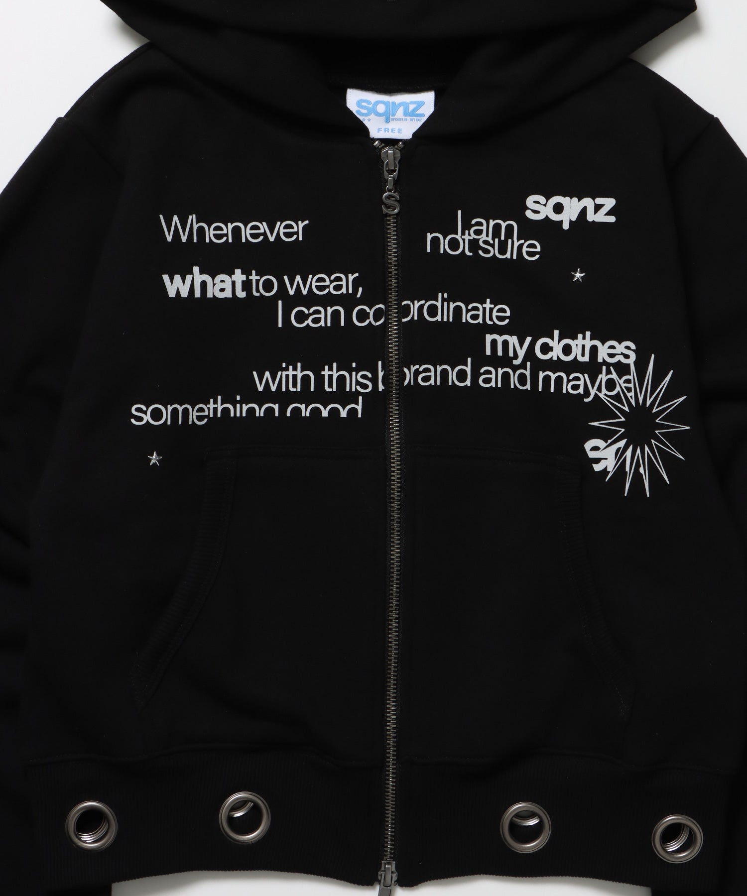 sqnz eyelet fit zip pk / レディース ジップパーカー フーディ ハトメ スタッズ ダフルジップ 裏起毛≪SET UP着用可能≫ ブラック
