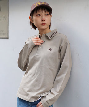 ラインリブロゴ刺繍ポロシャツ / ポロシャツ 鹿の子 Tシャツ 長袖 ワンポイント サンドベージュ