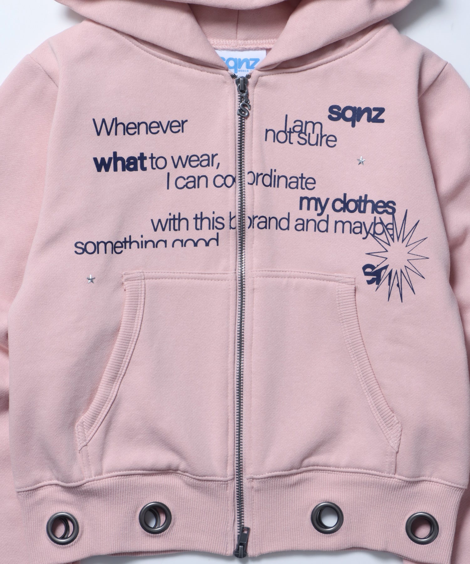 sqnz eyelet fit zip pk / レディース ジップパーカー フーディ ハトメ スタッズ ダフルジップ 裏起毛≪SET UP着用可能≫ ピンク