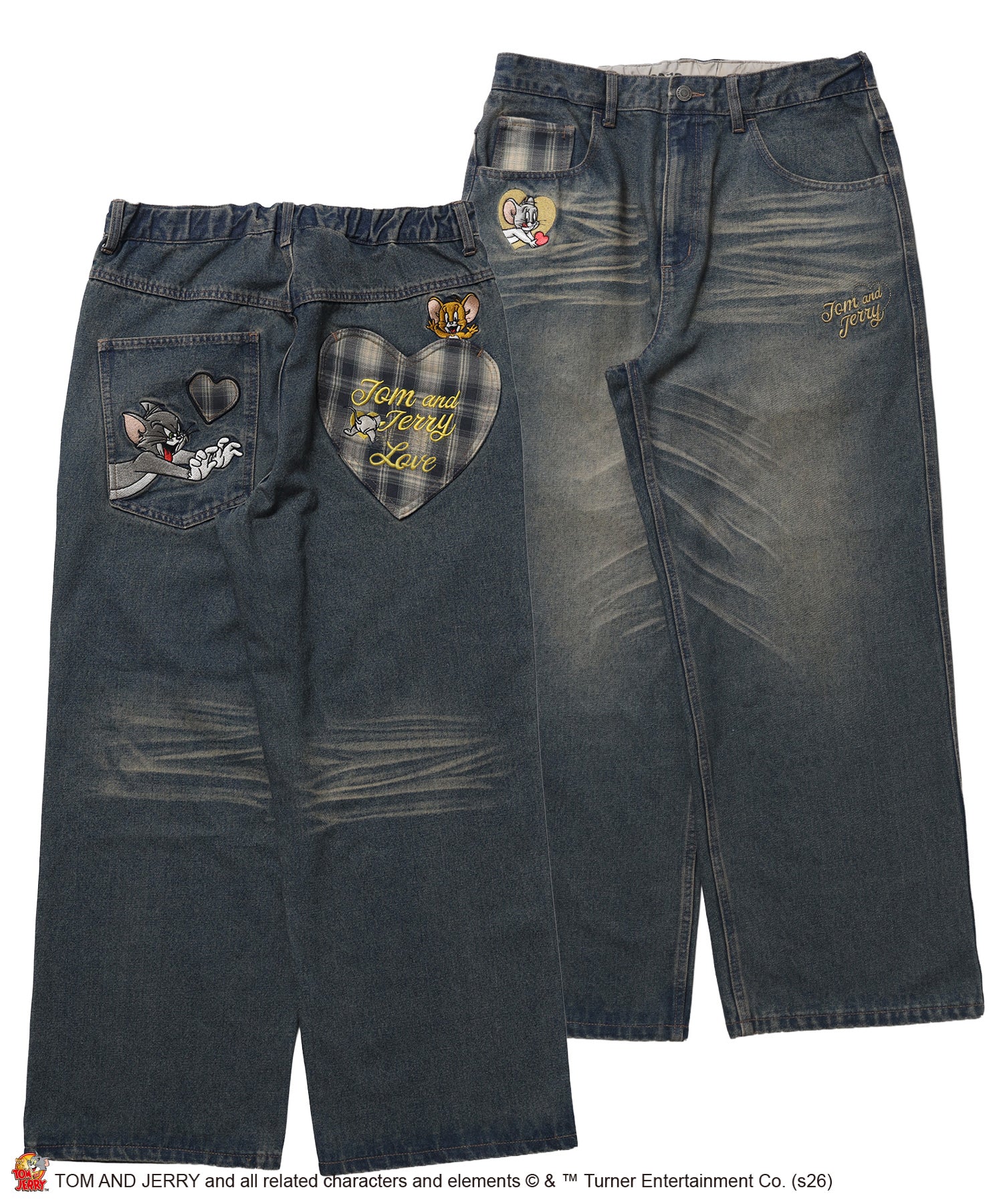 TJ PLAID DENIM PANTS / トムとジェリー チェック デニム パンツ 刺繍 加工 ネイビー