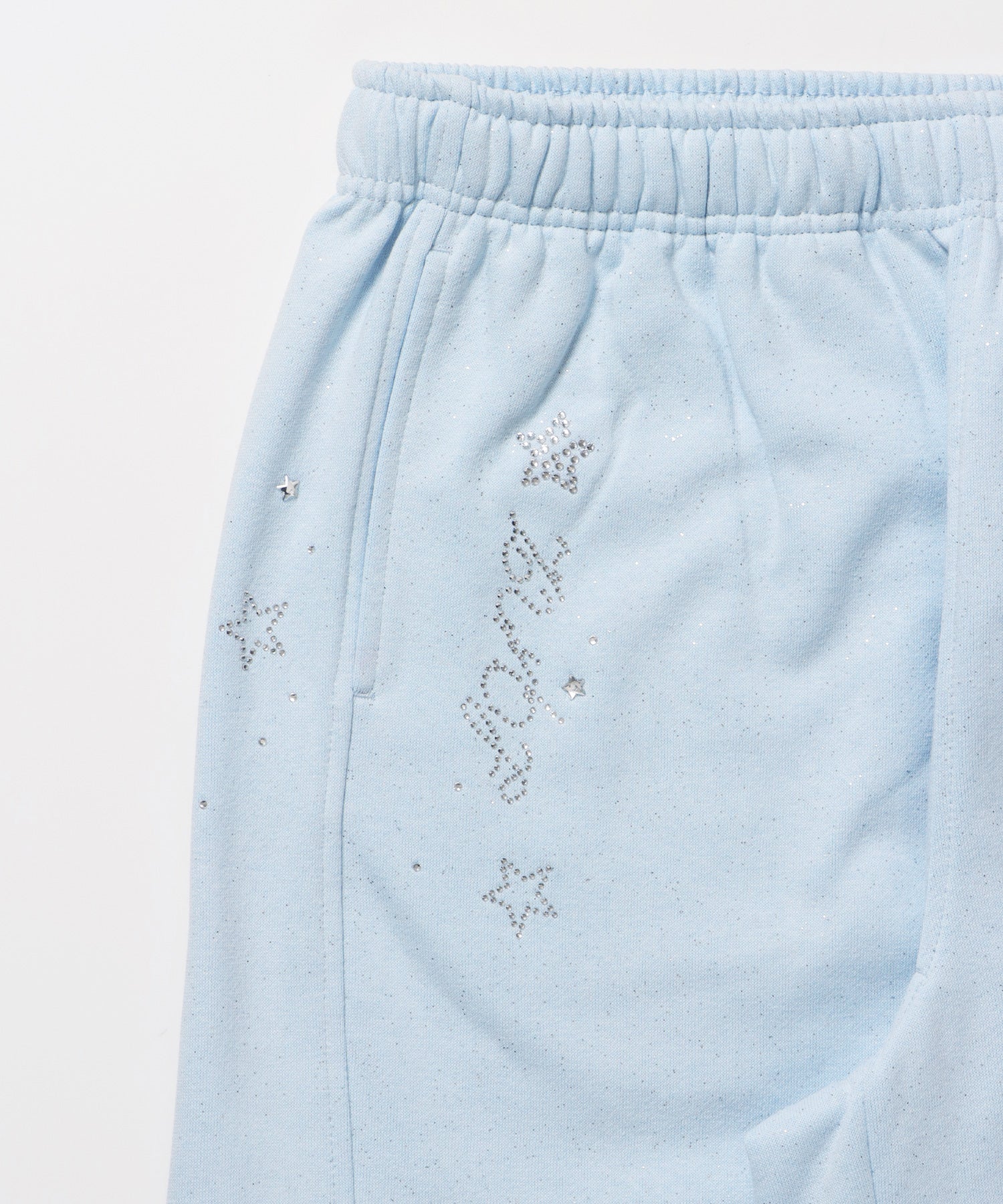 sqnz glitter sweat pants / グリッター スウェットパンツ ラインストーン ドローストリング ポケット 裏起毛 【セットアップ着用可能】 スカイブルー