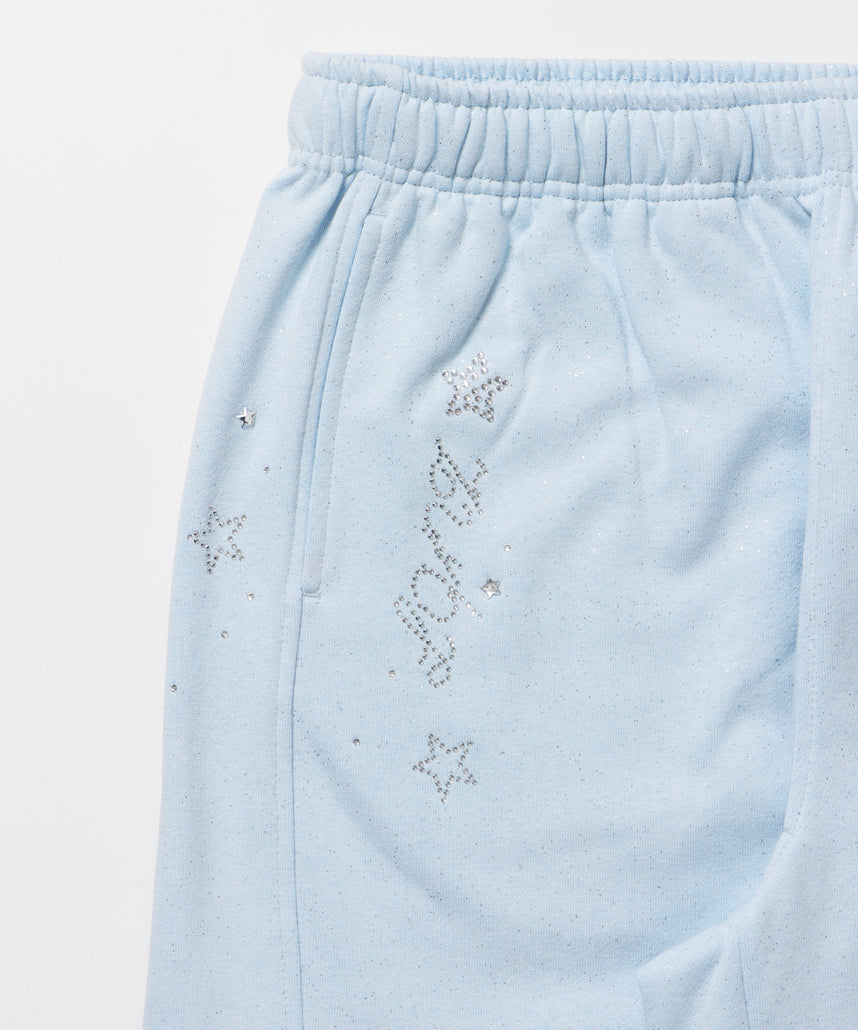 sqnz glitter sweat pants / グリッター スウェットパンツ ラインストーン ドローストリング ポケット 裏起毛 【セットアップ着用可能】 スカイブルー