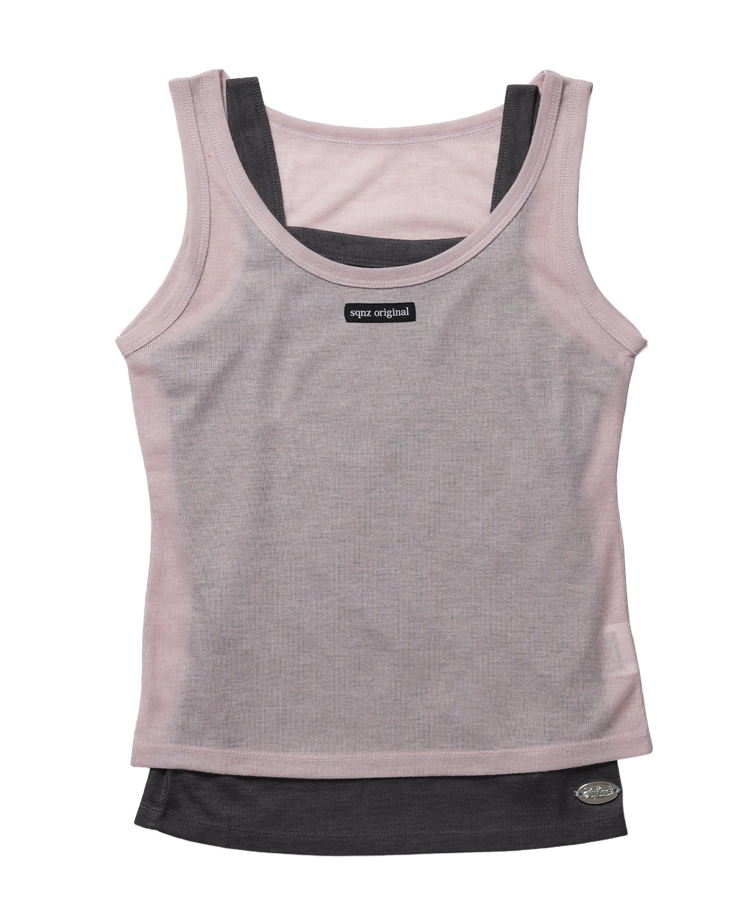 sqnz sheer layered tank / レディース シアー レイヤード ピスネーム メタルプレート タンクトップ クルーネック ライトピンク