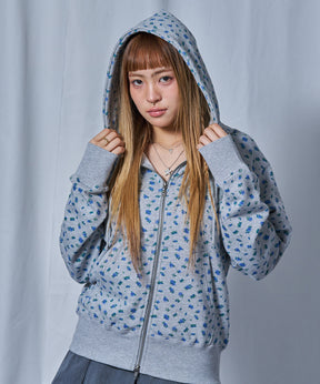 sqnz logo pt zip p/k /ジップパーカー フーディ 裏毛 ワンポイント ダブルジップ 花柄 星柄 柄83