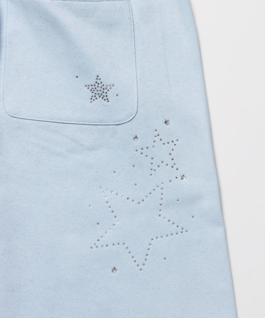 sqnz glitter sweat pants / グリッター スウェットパンツ ラインストーン ドローストリング ポケット 裏起毛 【セットアップ着用可能】 スカイブルー