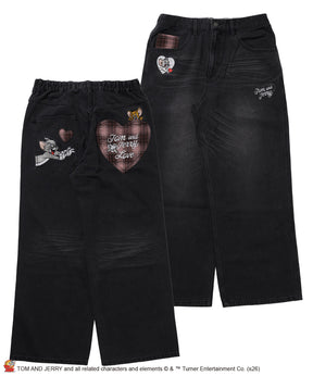 TJ PLAID DENIM PANTS / トムとジェリー チェック デニム パンツ 刺繍 加工 ブラック
