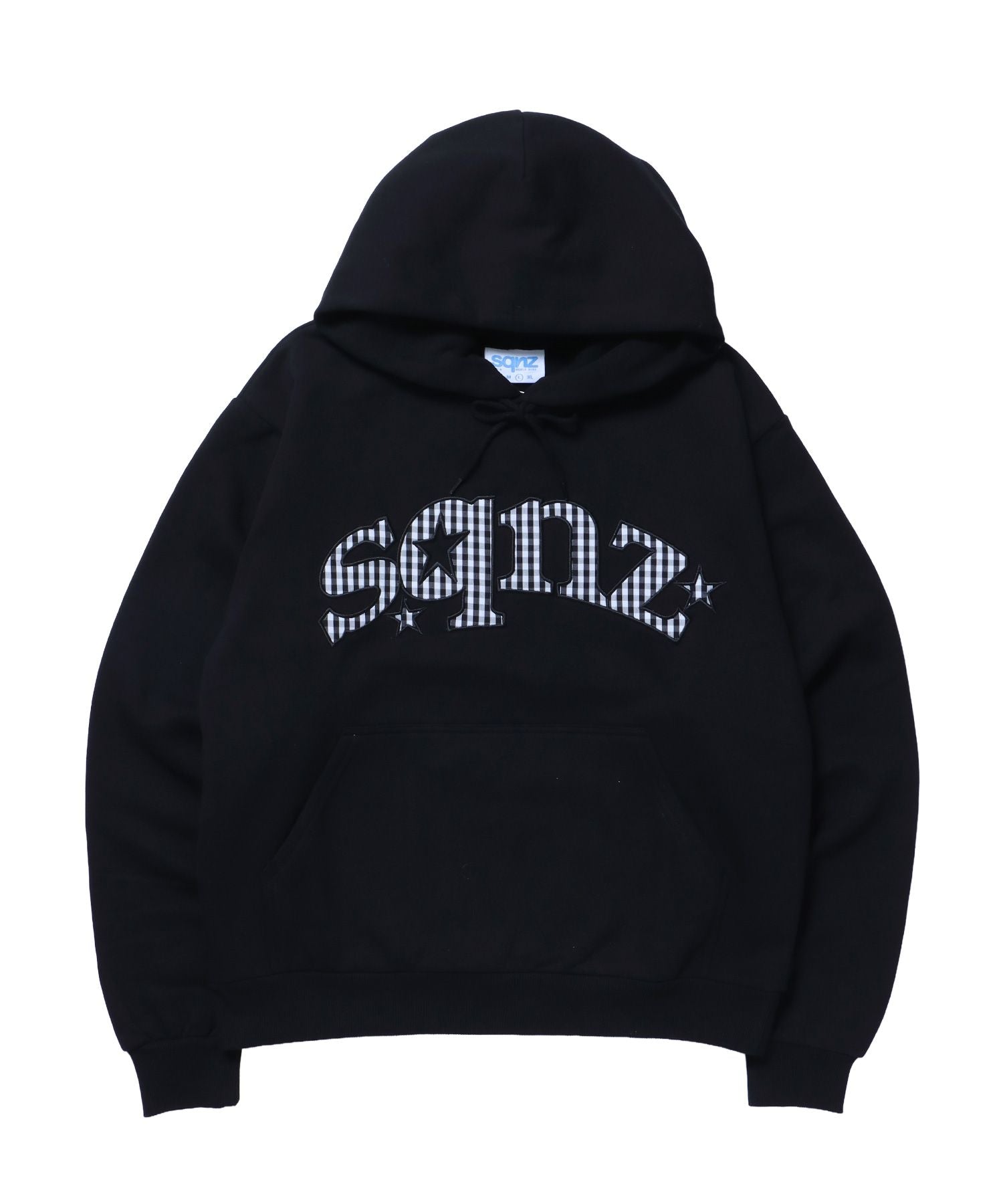 【sqnz(エスキュンズ)】sqnz gingham applique pk / ジップパーカー 裏起毛 フーディ チェック ワッペン 刺繍 ブラック