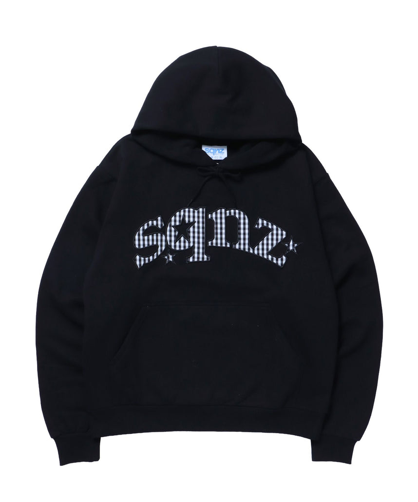 【sqnz(エスキュンズ)】sqnz gingham applique pk / ジップパーカー 裏起毛 フーディ チェック ワッペン 刺繍 ブラック