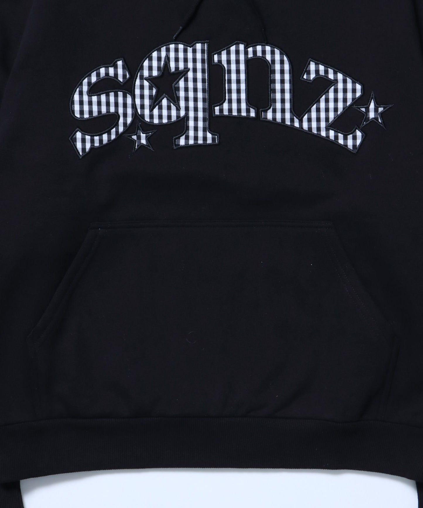 sqnz gingham applique pk / ジップパーカー 裏起毛 フーディ チェック ワッペン 刺繍 ブラック