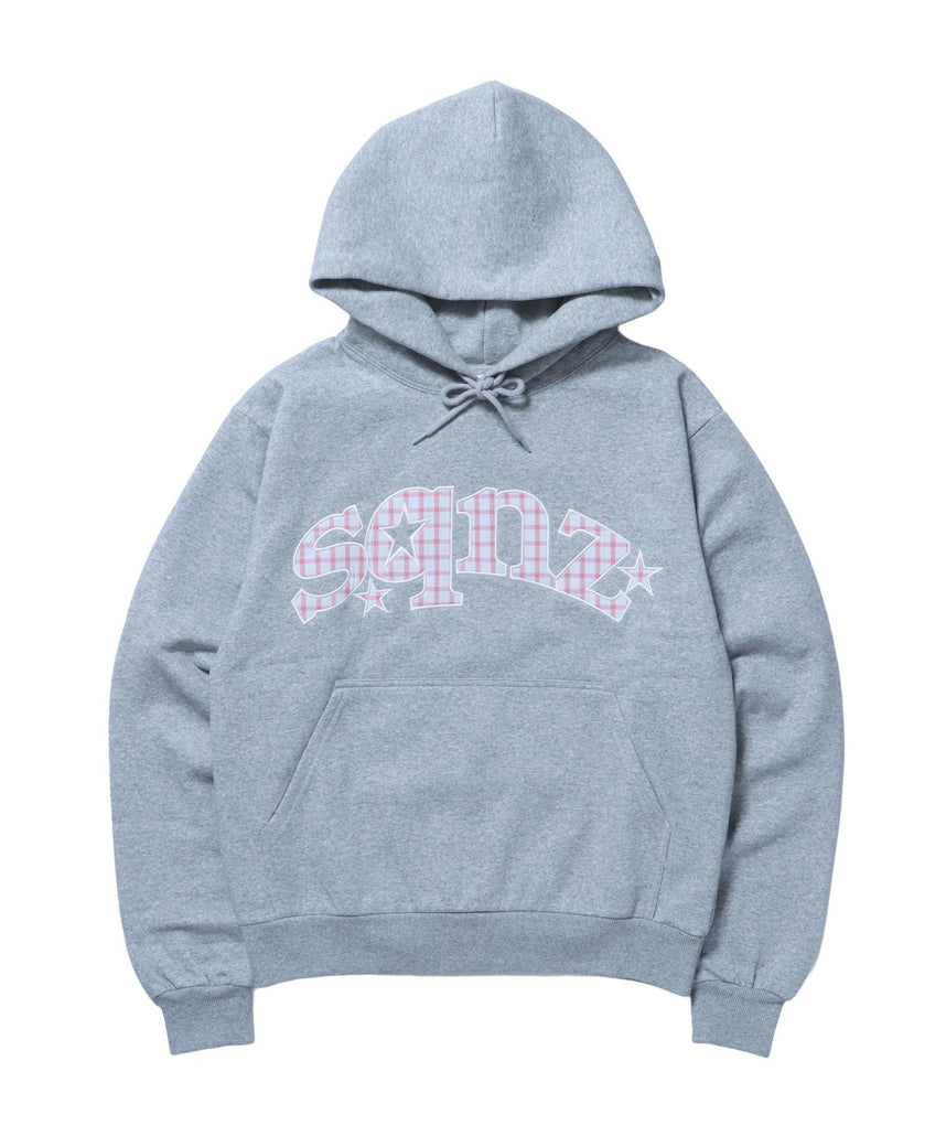 【sqnz(エスキュンズ)】sqnz gingham applique pk / ジップパーカー 裏起毛 フーディ チェック ワッペン 刺繍 グレー