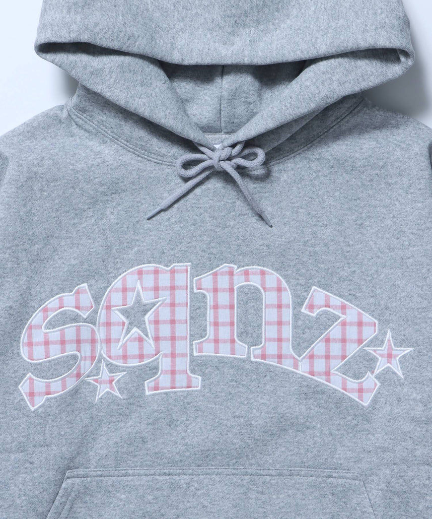 sqnz gingham applique pk / ジップパーカー 裏起毛 フーディ チェック ワッペン 刺繍 グレー