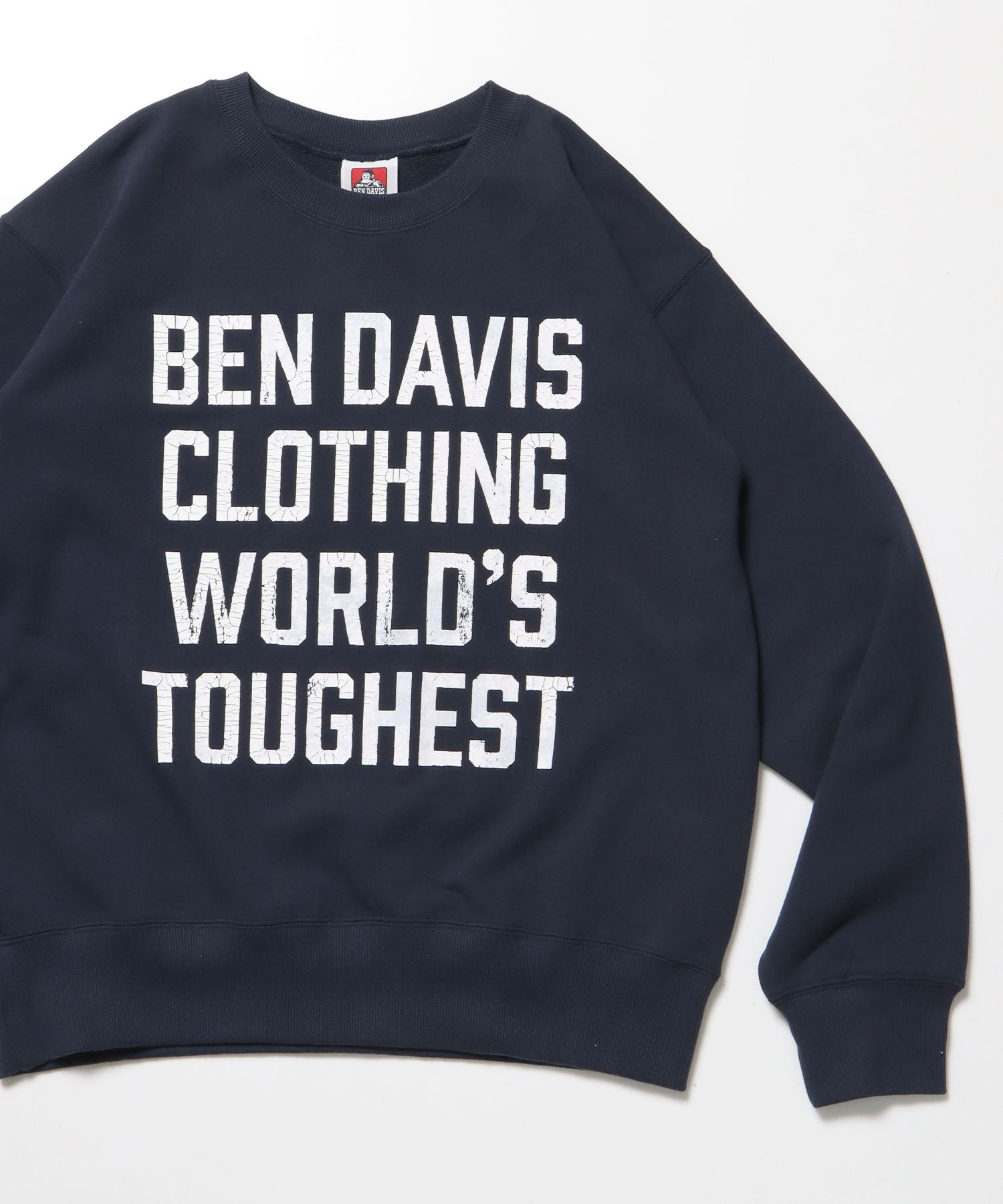 【BEN DAVIS(ベンデイビス)】70'S FIT CRACK LOGO CREW / スウェット クルーネック 裏毛 長袖 短丈 ロゴプリント ネイビー