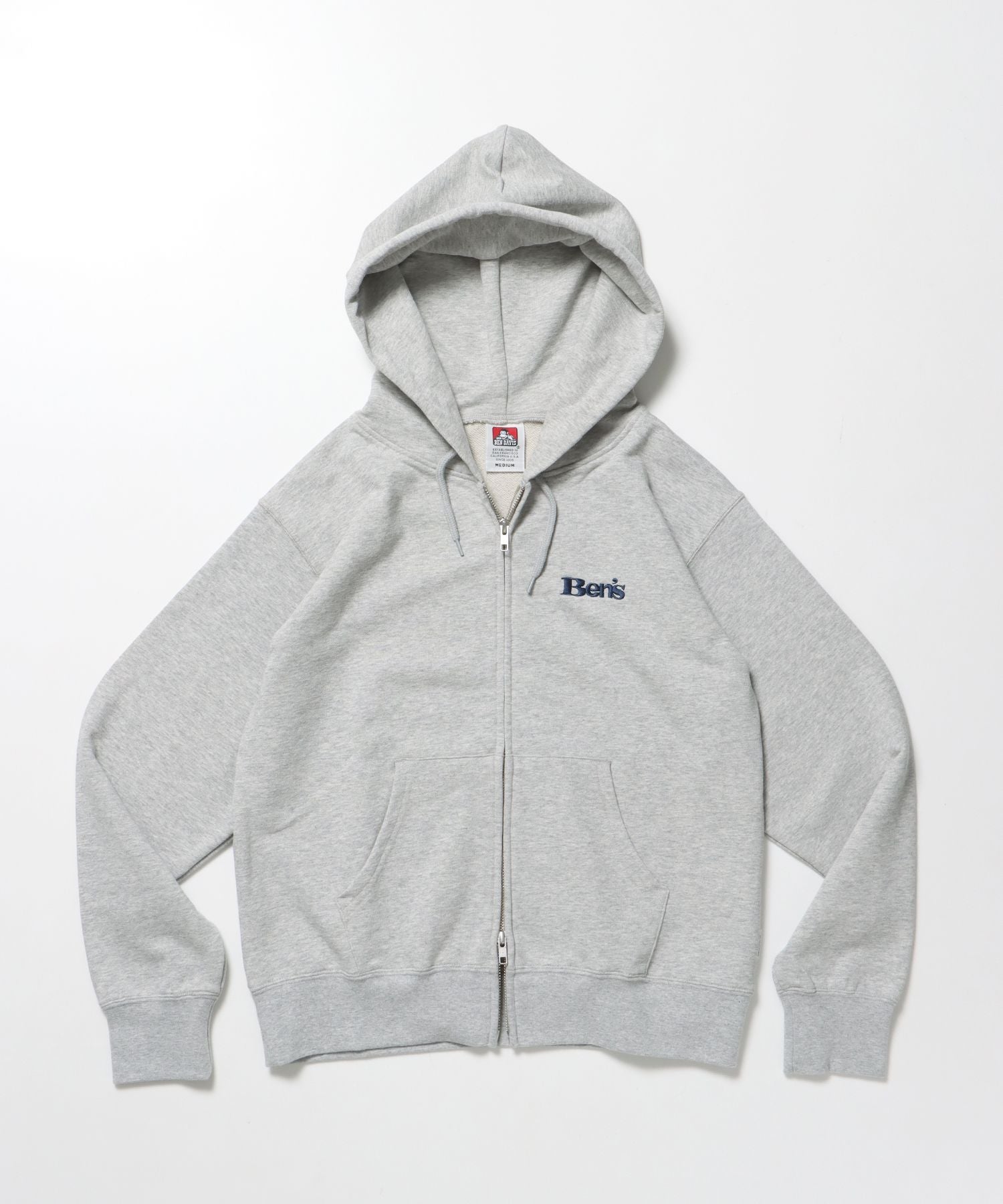 【BEN DAVIS(ベンデイビス)】70'S FIT ZIP HOODIE / ジップパーカー 刺繍 フーディ ダブルジップ 裏毛 短丈 グレー
