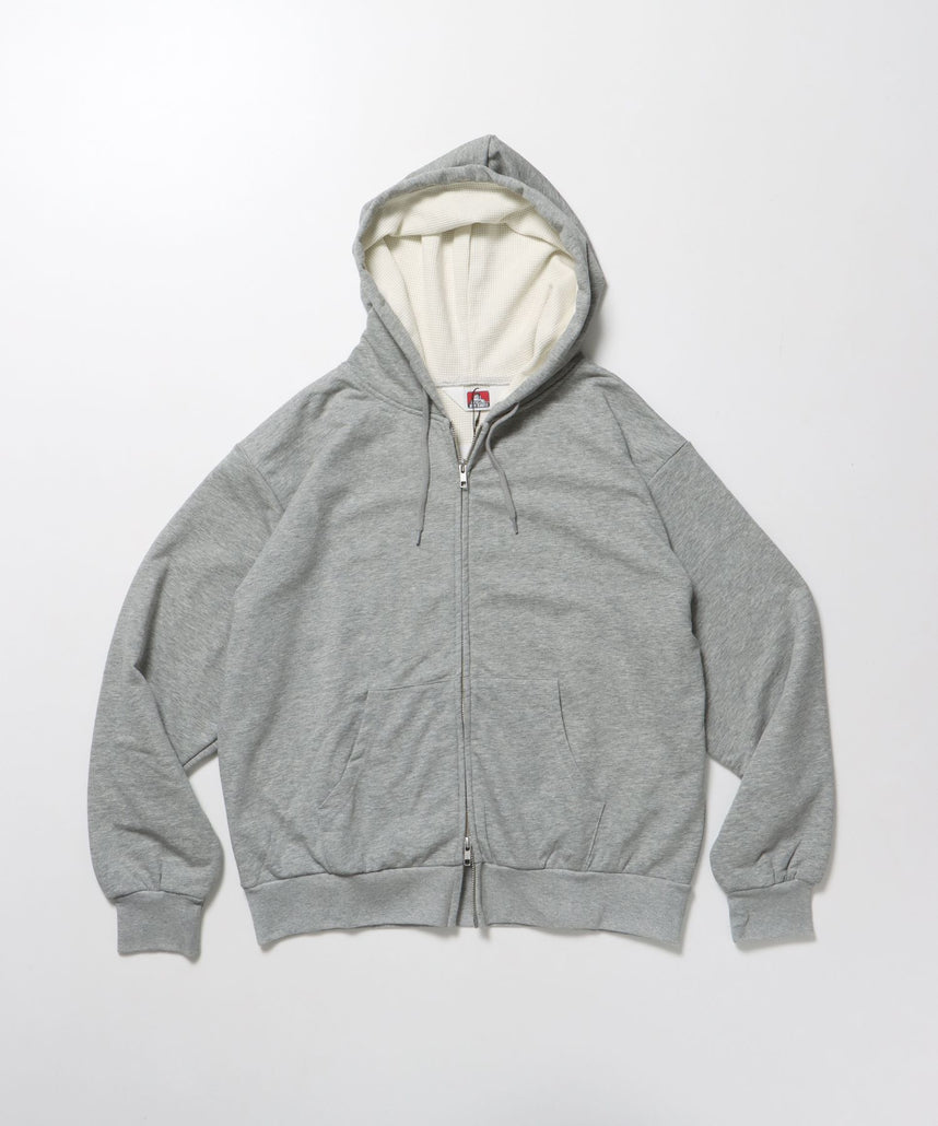 【BEN DAVIS(ベンデイビス)】THERMAL LINED ZIP HOODIE / ダブルジップ ヘビーウェイト 短丈 裏毛 ワッフル フーディ グレー