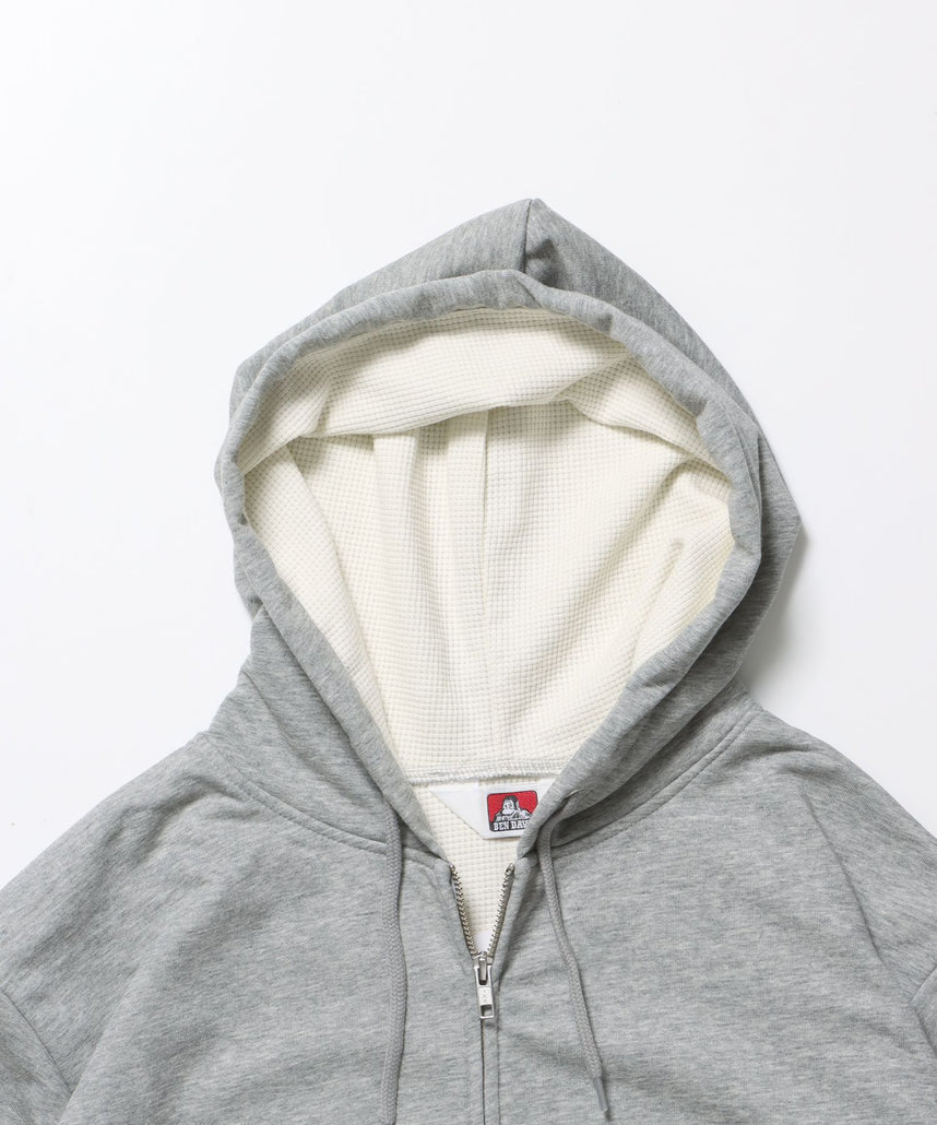 THERMAL LINED ZIP HOODIE / ダブルジップ ヘビーウェイト 短丈 裏毛 ワッフル フーディ グレー