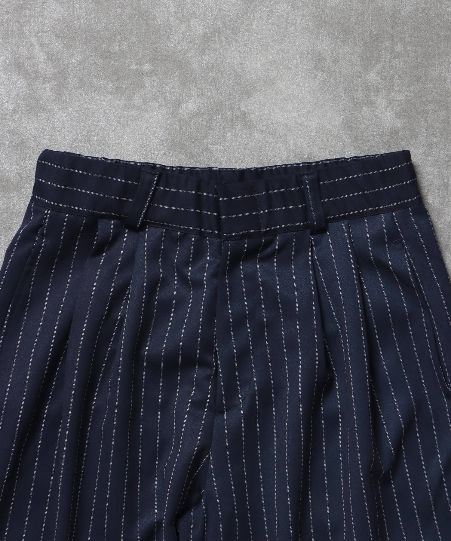 ストライプワイドタックパンツ / スラックス パンツ ドローストリング ストライプ 起毛 タック ネイビー