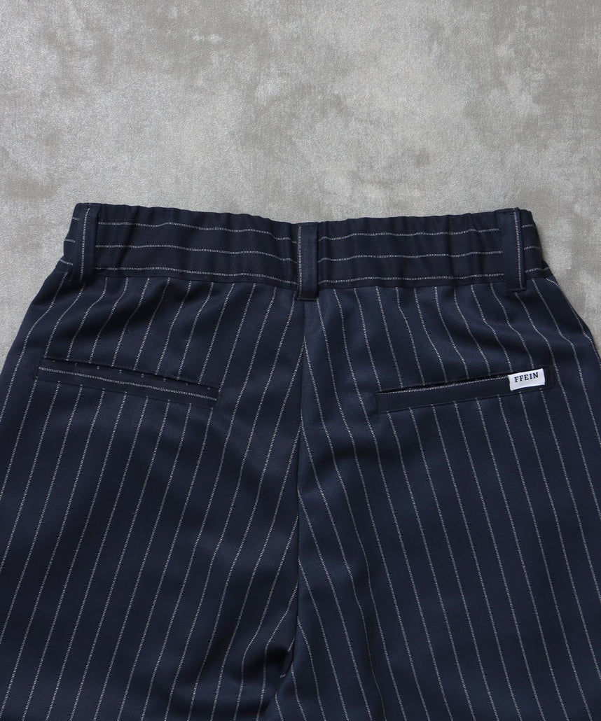 ストライプワイドタックパンツ / スラックス パンツ ドローストリング ストライプ 起毛 タック ネイビー