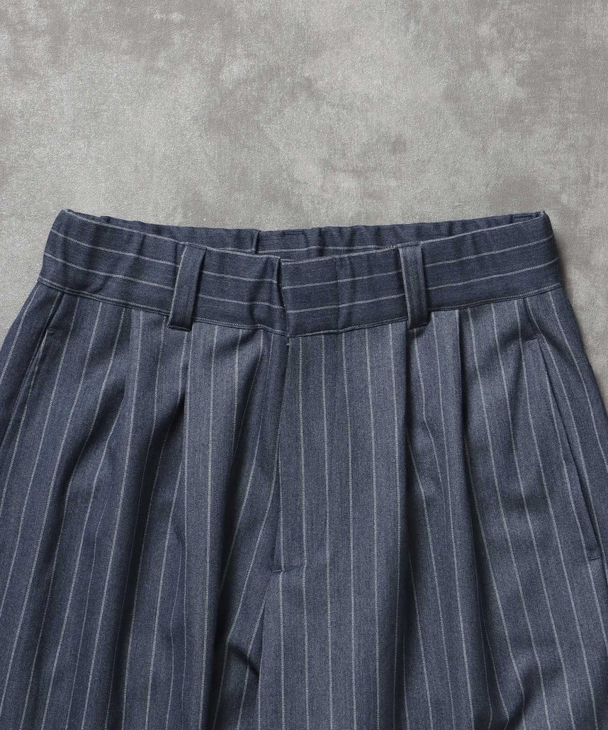 ストライプワイドタックパンツ / スラックス パンツ ドローストリング ストライプ 起毛 タック ブルーグレー
