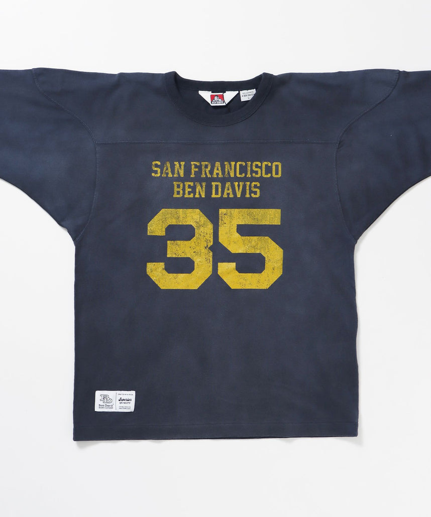 VNTG FOOTBALL TEE / Tシャツ クルーネック 七分丈 ナンバリング プリント ユニセックス 加工ネイビー