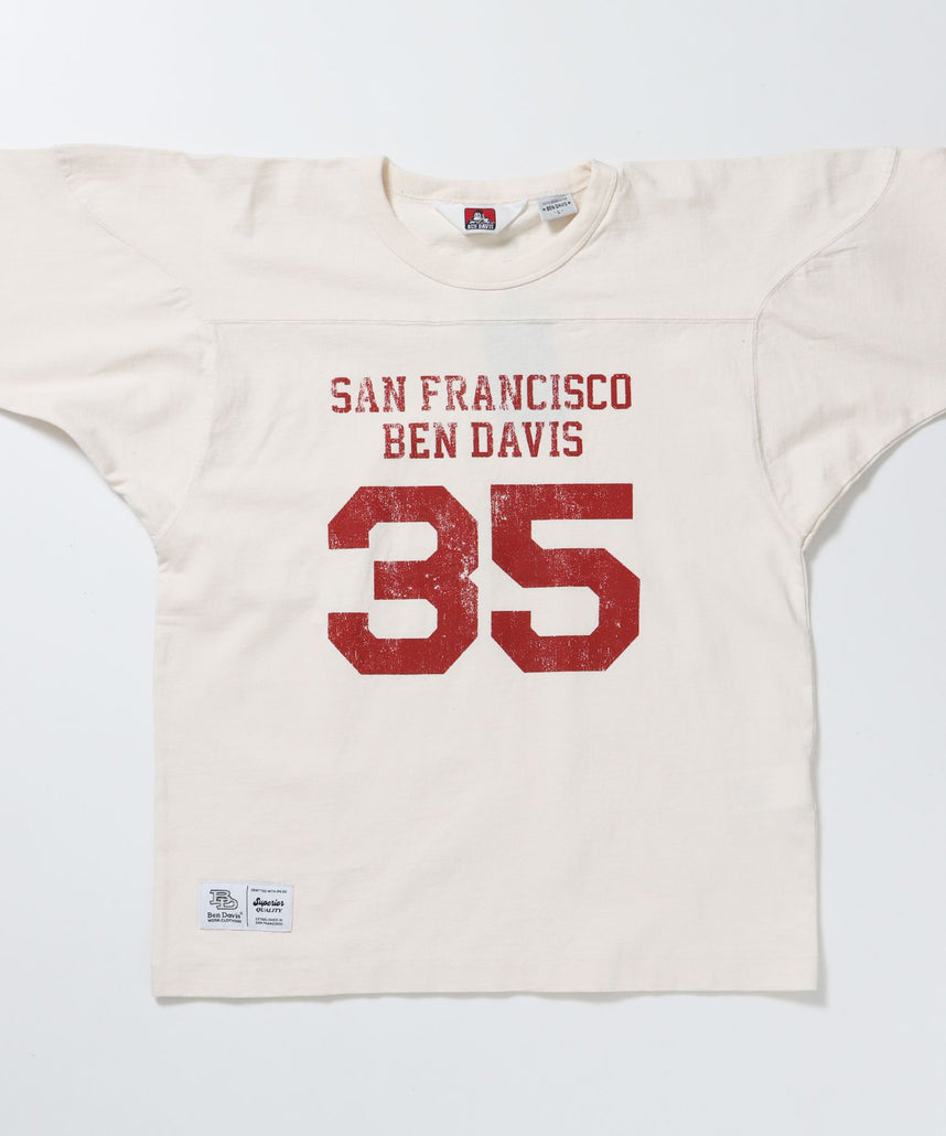 VNTG FOOTBALL TEE / Tシャツ クルーネック 七分丈 ナンバリング プリント ユニセックス 加工 ホワイト