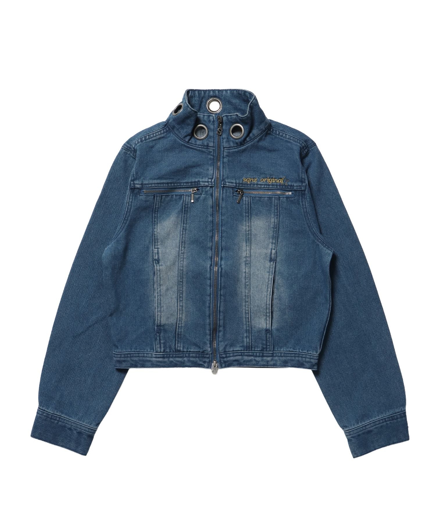 【sqnz(エスキュンズ)】sqnzW ハトメスタンドエリジップJKT / レディース デニム スウェード スタンド ジップ ジャケット 刺繍 ダブルジップ ハトメ ブルー