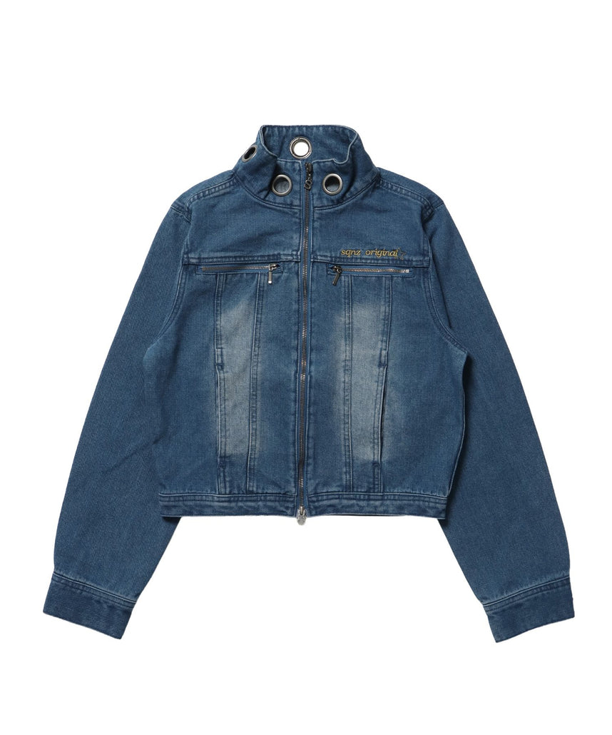 【sqnz(エスキュンズ)】sqnzW ハトメスタンドエリジップJKT / レディース デニム スウェード スタンド ジップ ジャケット 刺繍 ダブルジップ ハトメ ブルー