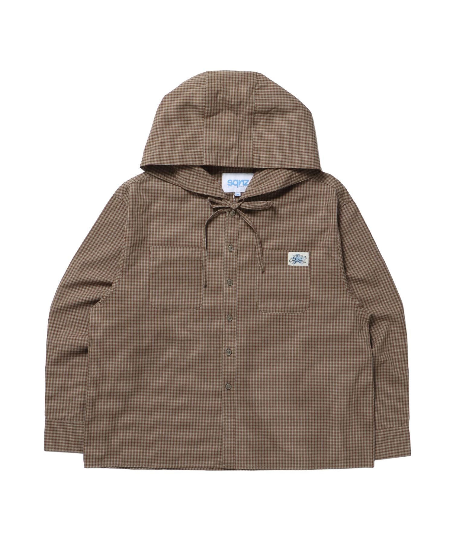 【sqnz(エスキュンズ)】フード付きチェックシャツ / シャツ ジップ パーカー チェック フーディ ワンポイント シンプル グリーン