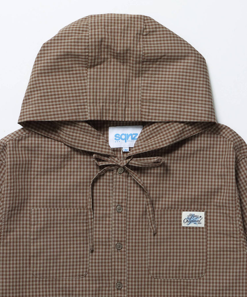 sqnz angel hooded l/s shirts / 長袖シャツ パーカー チェック フーディ ワンポイント シンプル グリーン