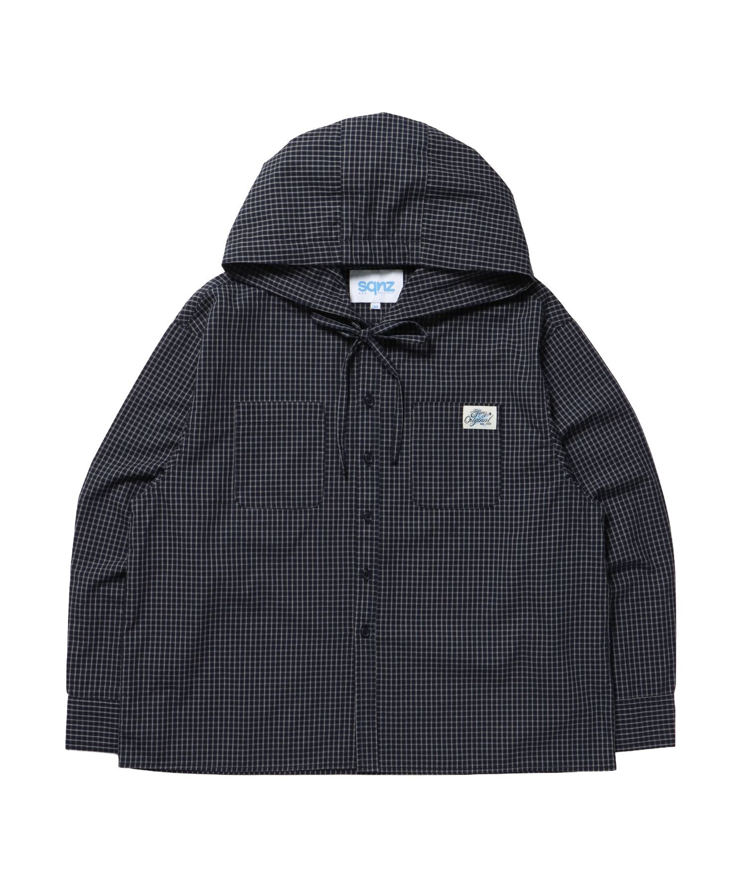 【sqnz(エスキュンズ)】フード付きチェックシャツ / シャツ ジップ パーカー チェック フーディ ワンポイント シンプル ネイビー