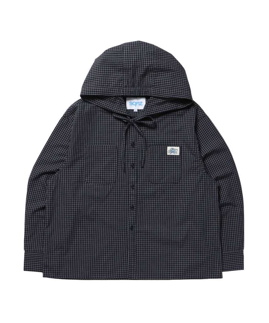 【sqnz(エスキュンズ)】フード付きチェックシャツ / シャツ ジップ パーカー チェック フーディ ワンポイント シンプル ネイビー