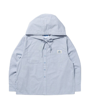 sqnz angel hooded l/s shirts / 長袖シャツ パーカー チェック フーディ ワンポイント シンプル ライトブルー