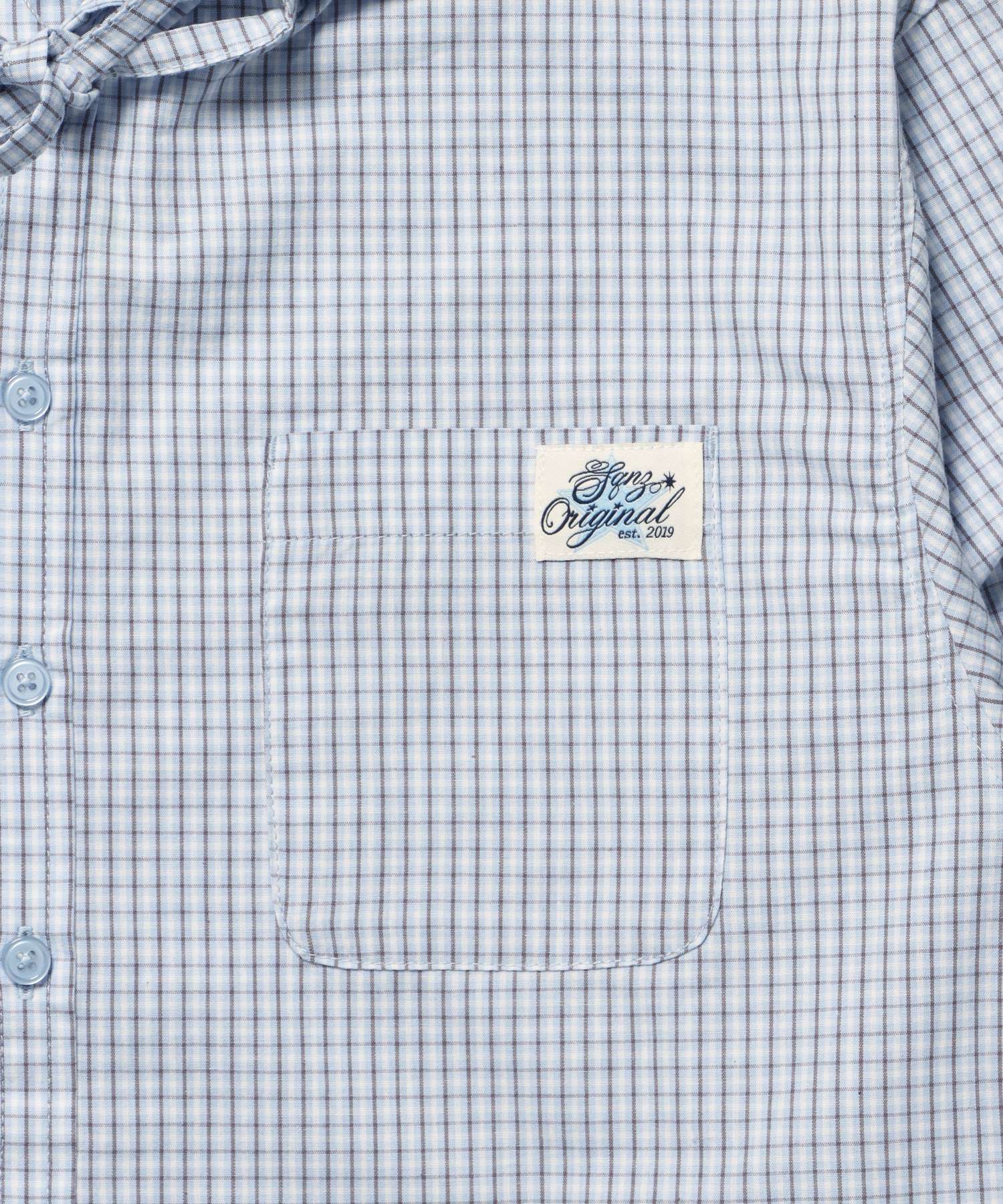 sqnz angel hooded l/s shirts / 長袖シャツ パーカー チェック フーディ ワンポイント シンプル ライトブルー