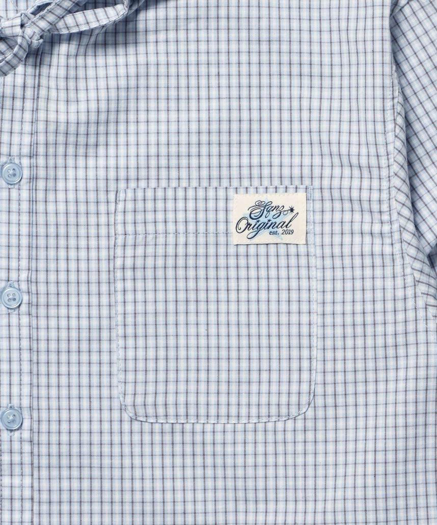 sqnz angel hooded l/s shirts / 長袖シャツ パーカー チェック フーディ ワンポイント シンプル ライトブルー