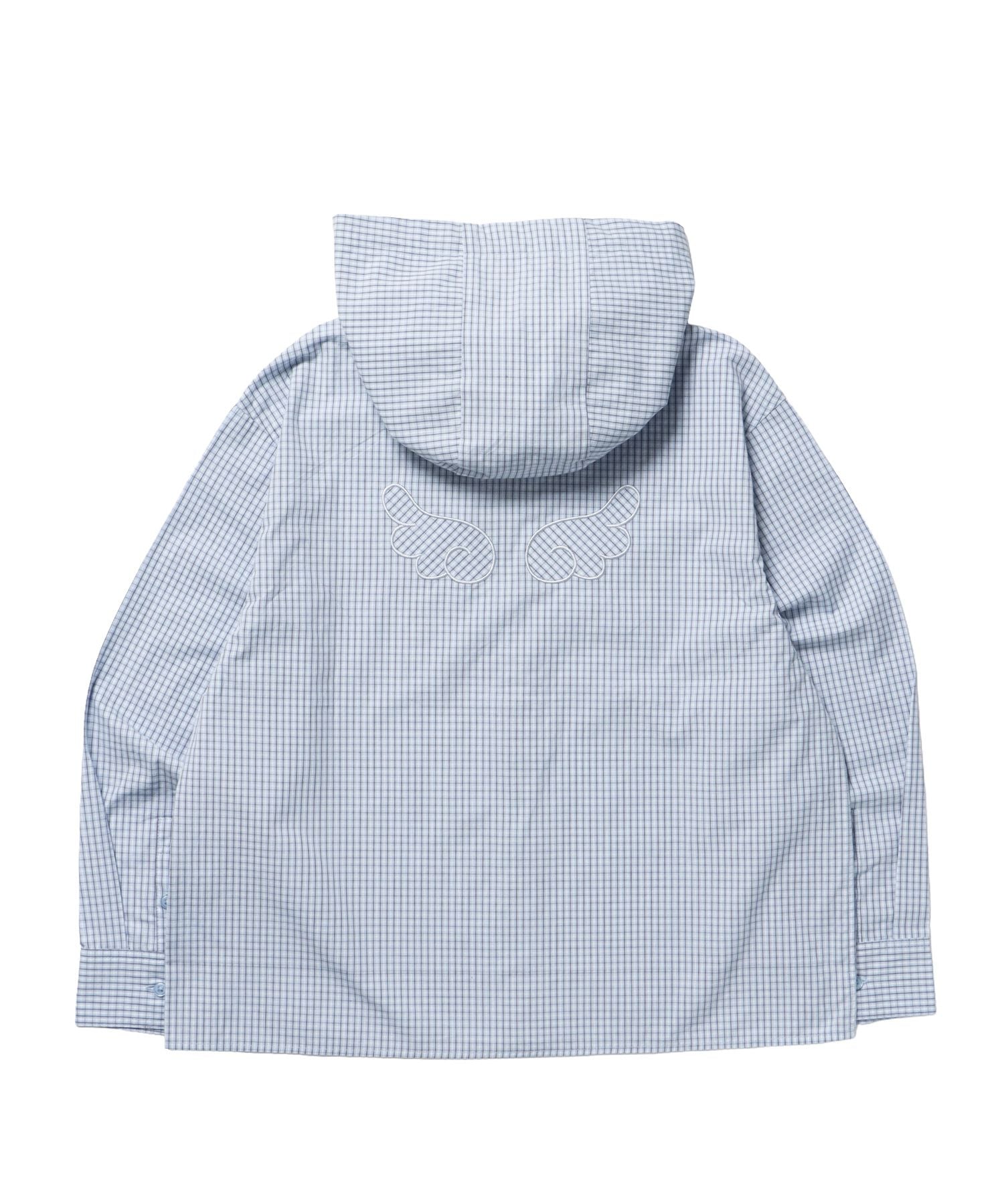 sqnz angel hooded l/s shirts / 長袖シャツ パーカー チェック フーディ ワンポイント シンプル ライトブルー