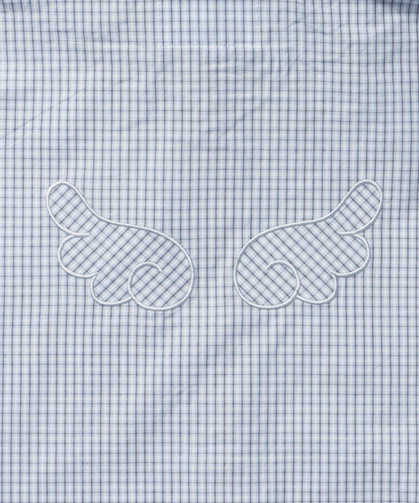 sqnz angel hooded l/s shirts / 長袖シャツ パーカー チェック フーディ ワンポイント シンプル ライトブルー