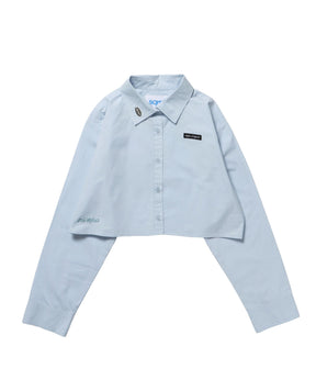 sqnz cropped shirts / 長袖 レギュラーカラー シャツ 刺繍 短丈 ライトブルー