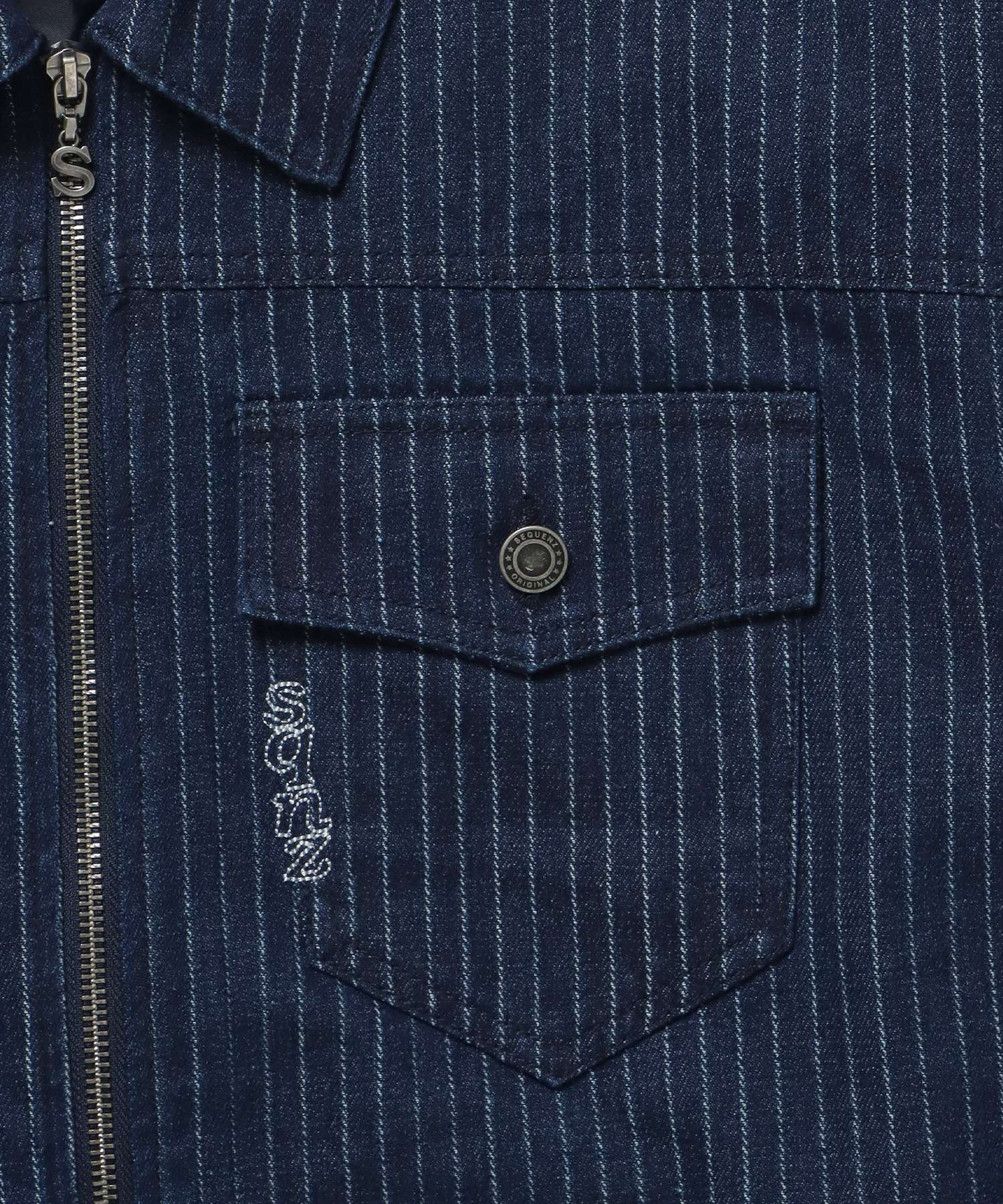 sqnz double pocket zip denim / デニム リジッド ジャケット 刺繍 レザーパッチ ダブルジップ 短丈 ネイビー