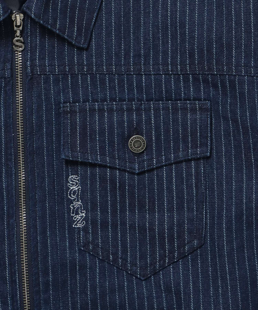 sqnz double pocket zip denim / デニム リジッド ジャケット 刺繍 レザーパッチ ダブルジップ 短丈 ネイビー